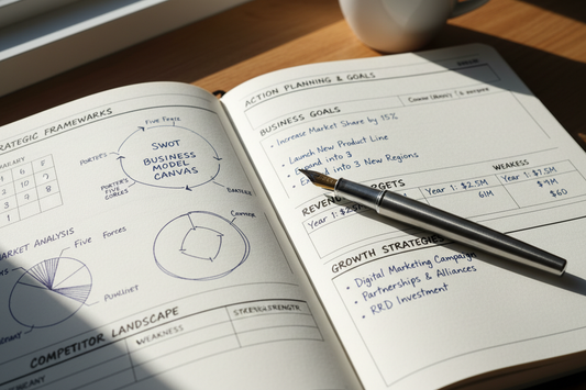 Close-up of open strategy workbook showing frameworks, charts, and action plans