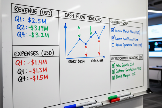 Close-up of KPI and cash flow sections filled in with colored markers